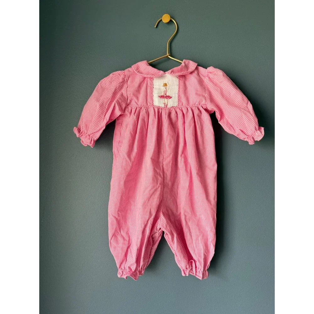 The Bailey Boys Pink Gingham Smocked Ballerina Bubble Romper 3M